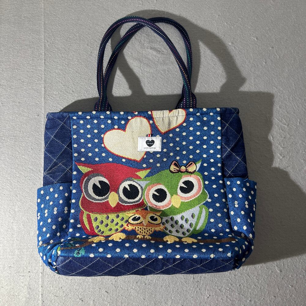 Korean Style Owl Tote Bag Blue Quilted Polka Dot Handbag